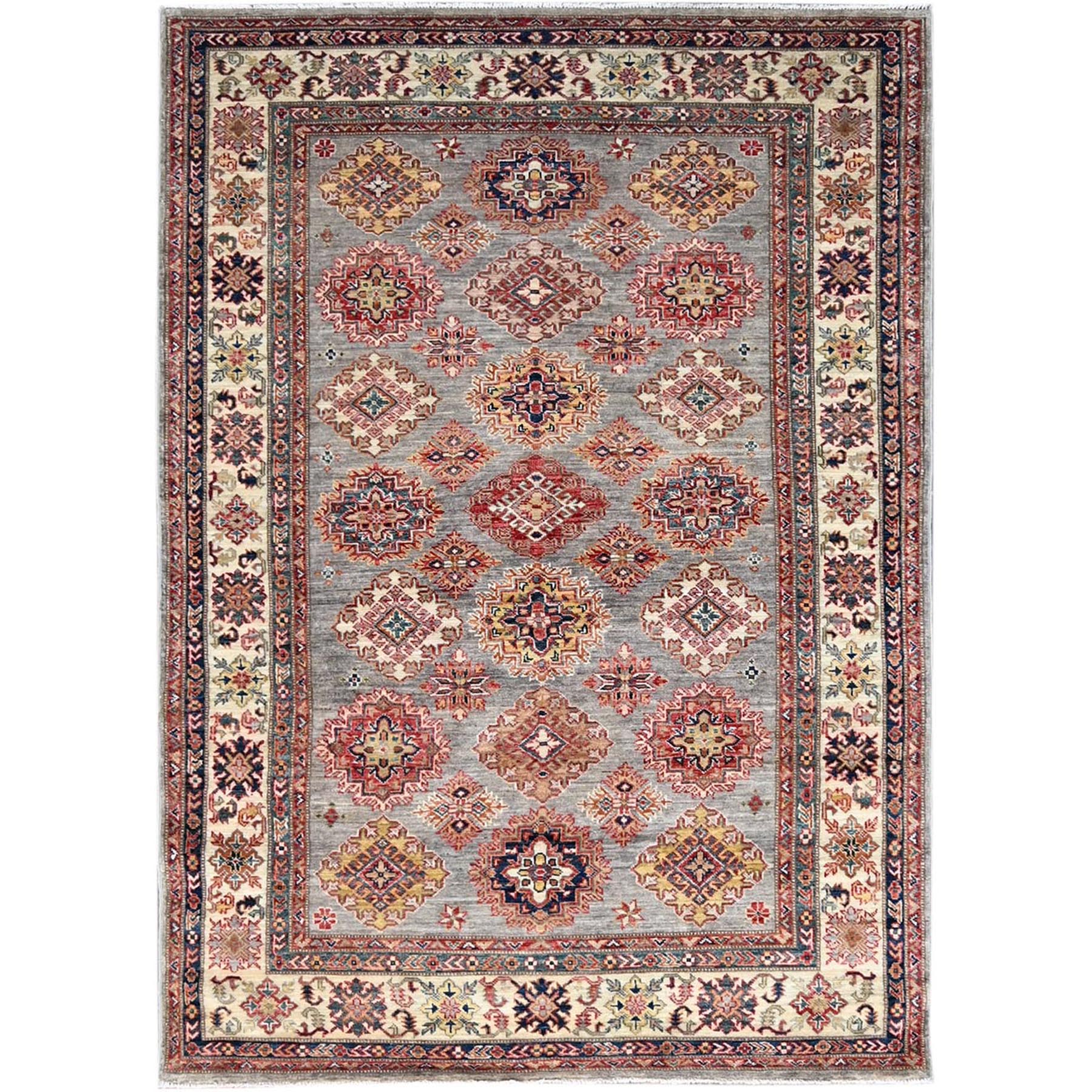 Bunny Gray, Hand Knotted Natural Dyes, Afghan Densely Woven Super Kazak With All Over Design, 100% Wool Oriental Rug